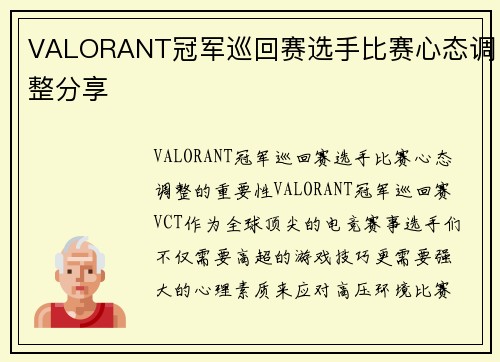 VALORANT冠军巡回赛选手比赛心态调整分享