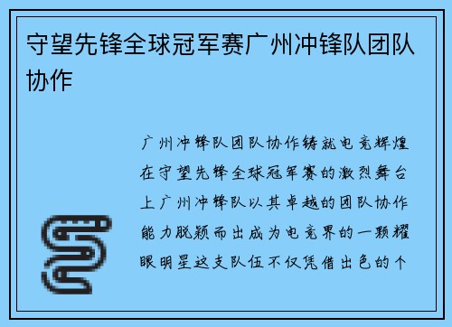 守望先锋全球冠军赛广州冲锋队团队协作